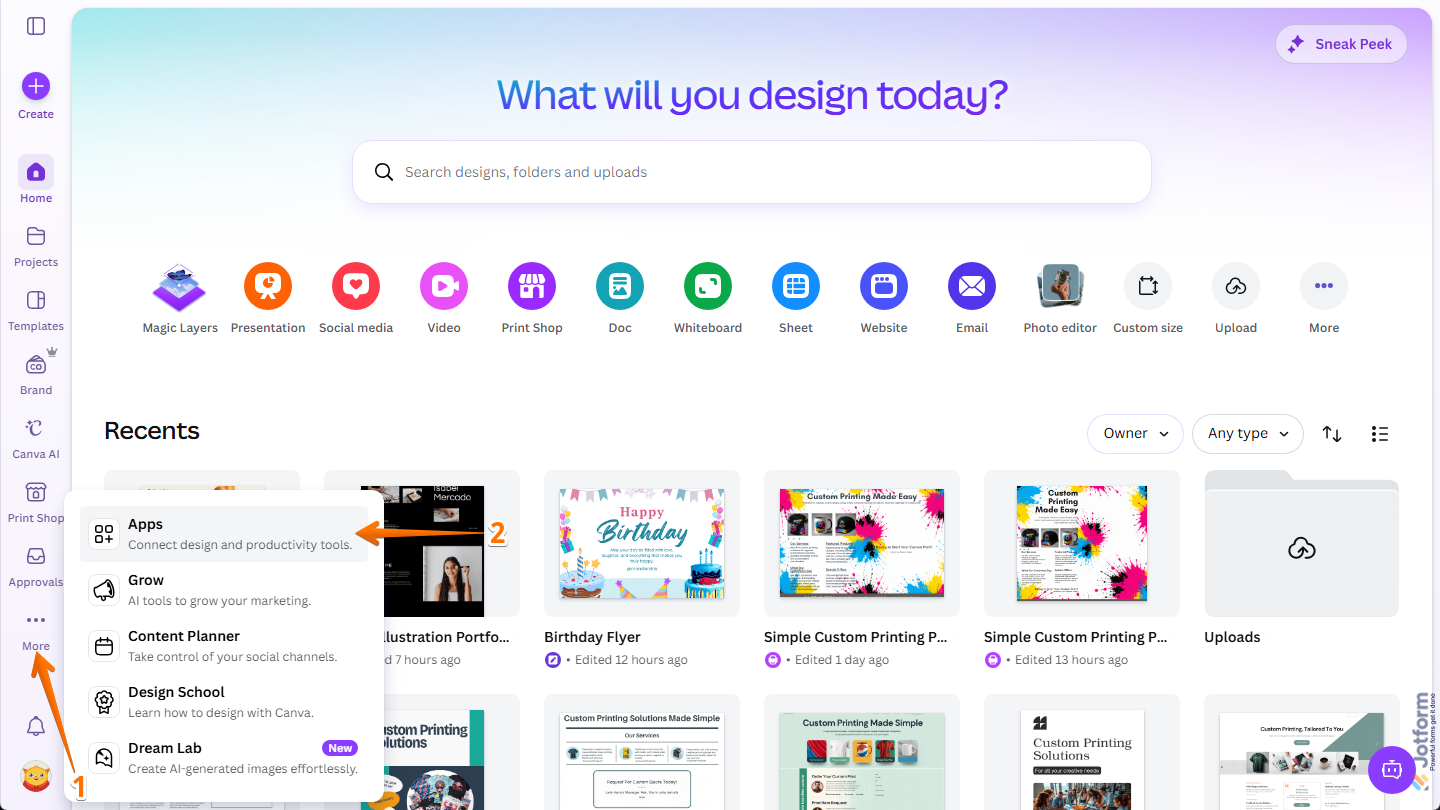 Apps option in the More menu in Canva