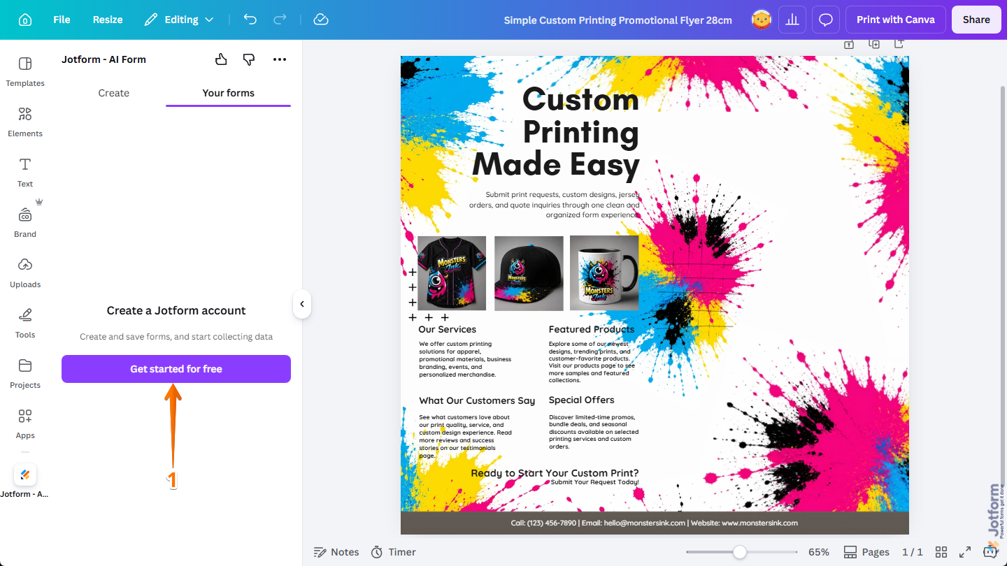 Get Started for Free button in the Jotform Canva App in Canva Design Editor in Canva