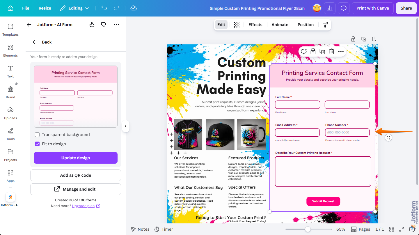 Jotform form in a design in Canva Design Editor in Canva