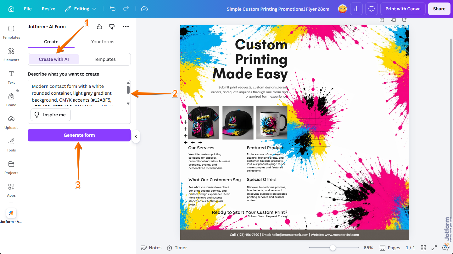 Generate Form button and prompt box of the Create With AI option under the Create tab in Jotform Canva App in Canva Design Editor in Canva