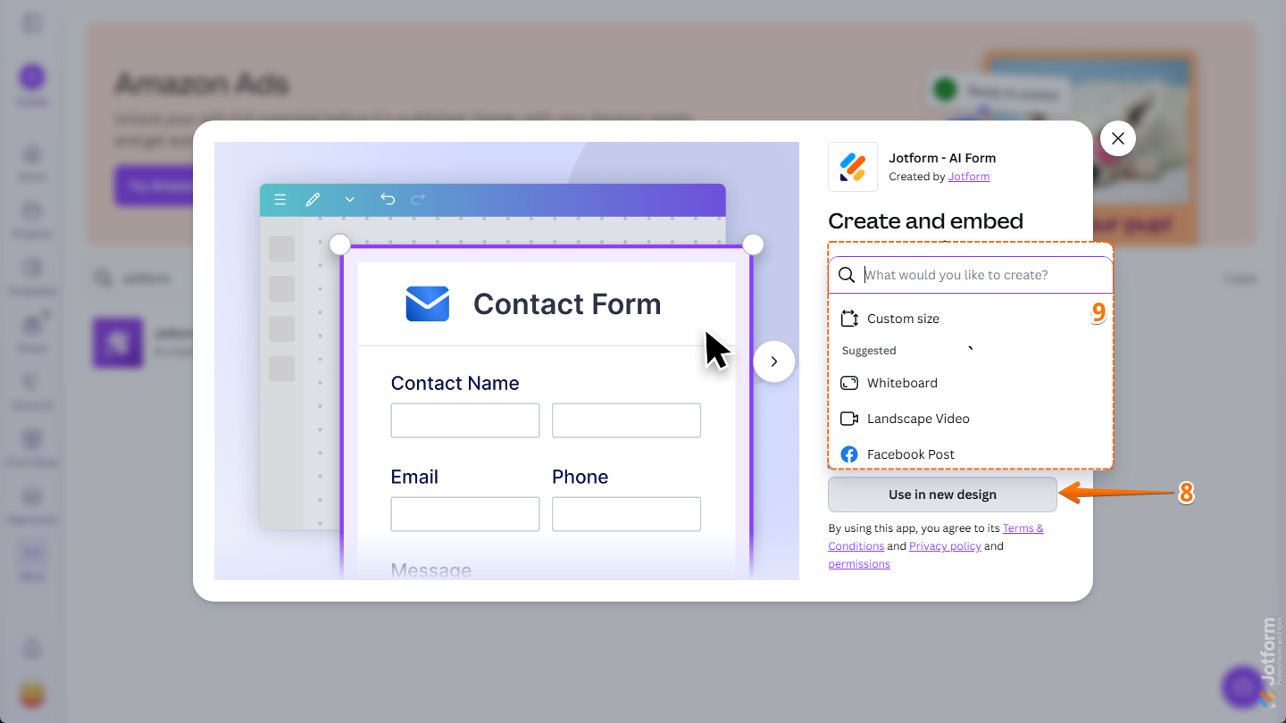 Use in New Design options in the Jotform Canva App window on the Apps page in Canva
