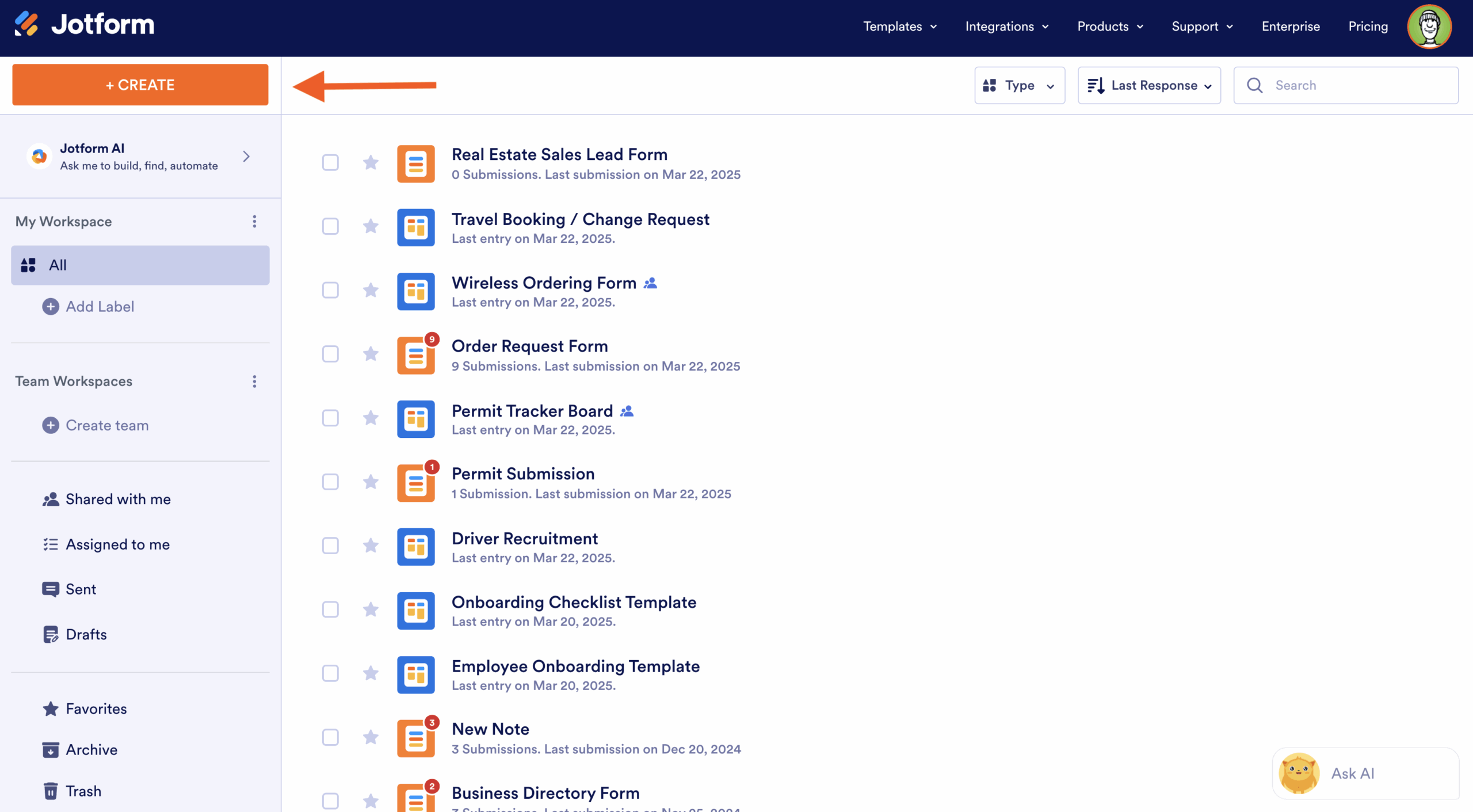 Clicking on the Create button on the My Workspace page on Jotform