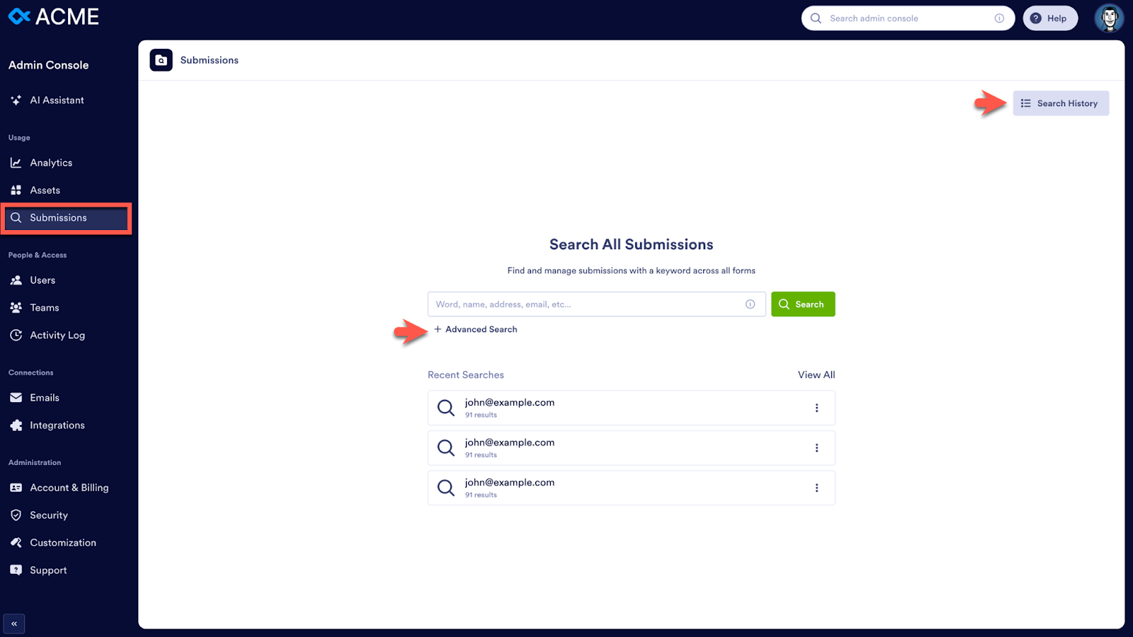 Clicking on the Submissions tab and then Advanced Search on the Admin Console