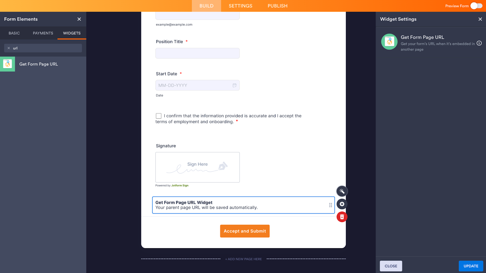 Inserting the Get Form Page URL Widget on the Jotform Form Builder