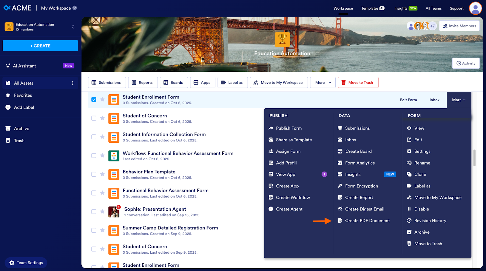 Clicking on the Create PDF Document option on the More dropdown on My Workspace page