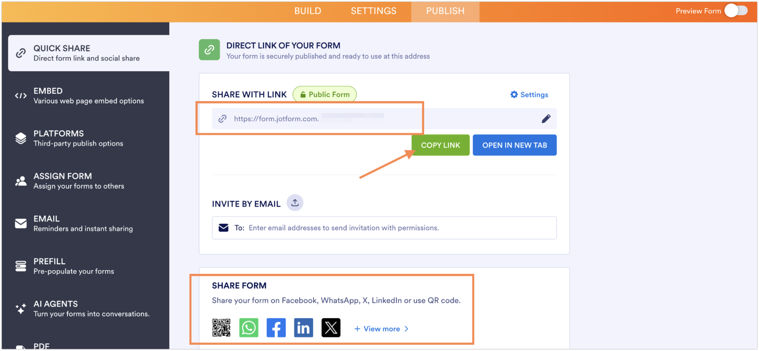 Jotform Form Builder Publish Tab Share with Link box and Share Form Options