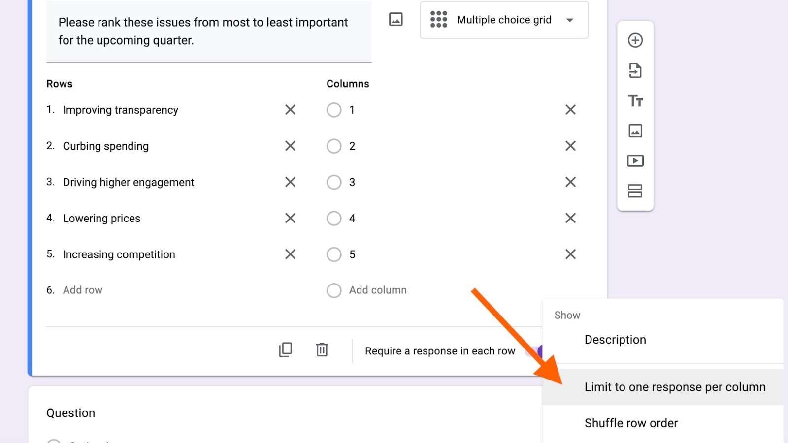 Google Forms Multiple Choice Grid Field Limit to one response per column setting