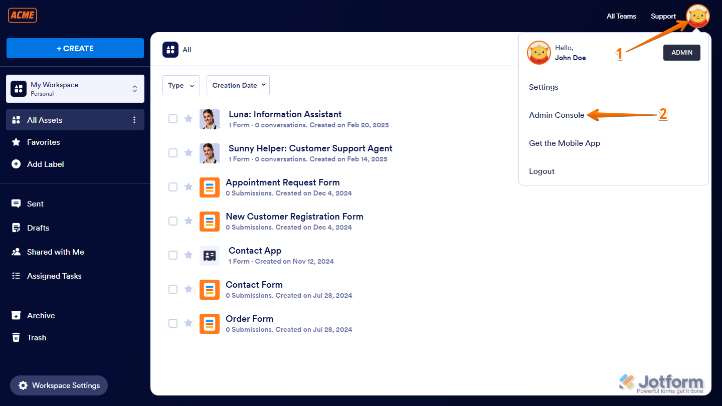 Admin Console menu in the Jotform Enterprise Server