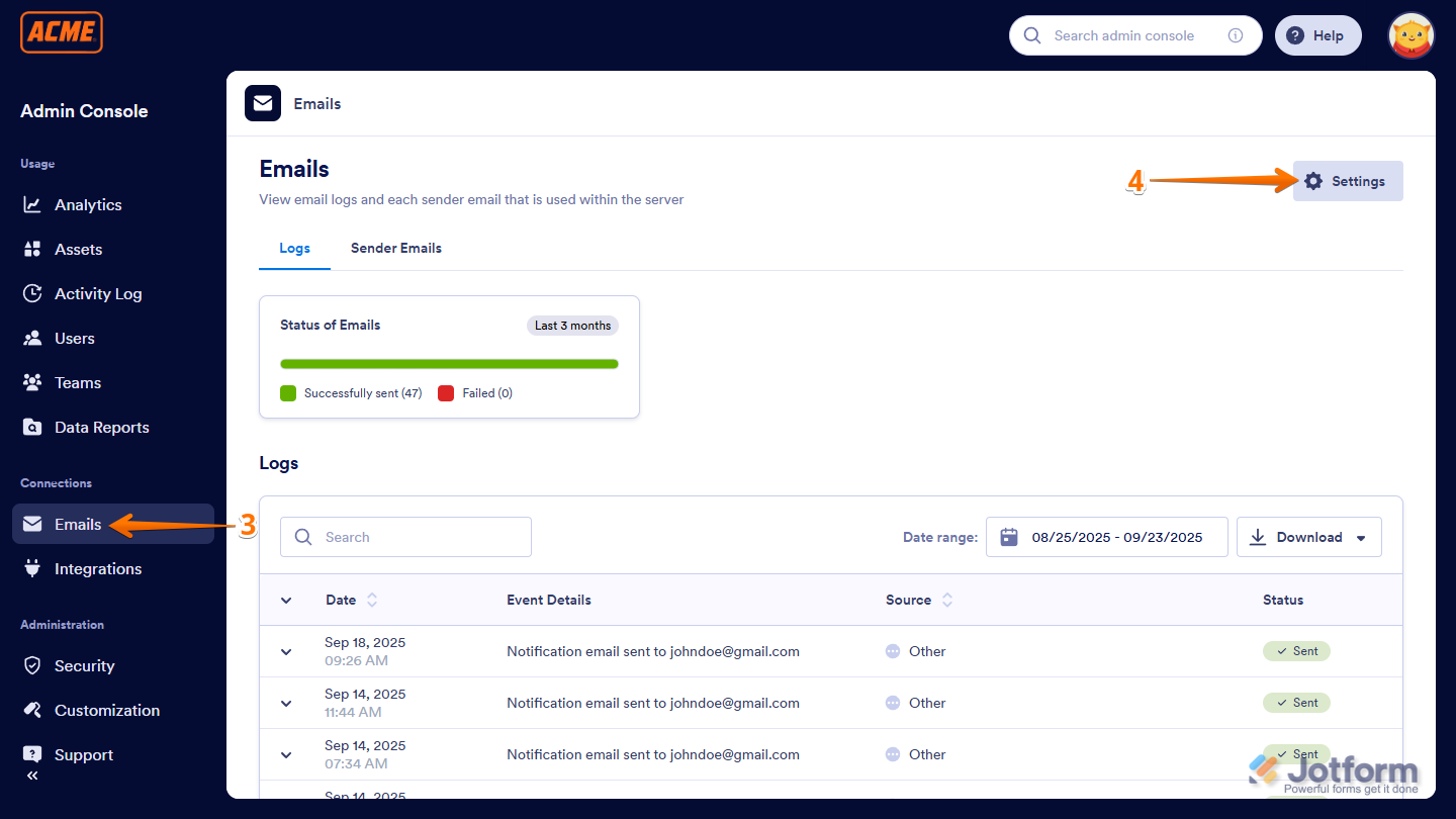 Settings button in the Emails section of the Admin Console in the Jotform Enterprise Server
