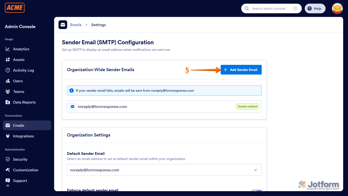 Add Sender Email in the Emails section of the Admin Console in the Jotform Enterprise Server