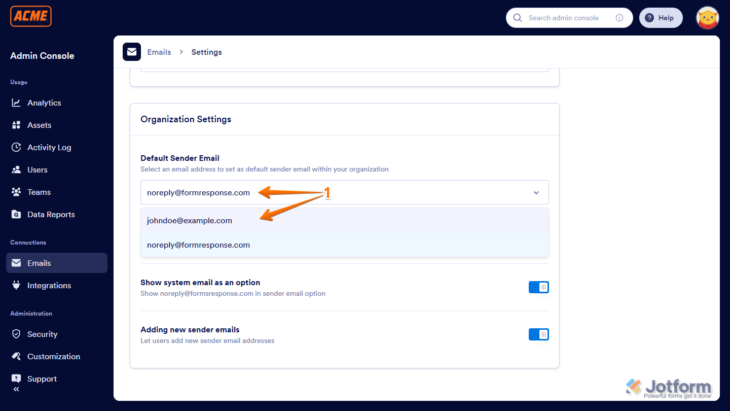 Default Sender Email in the Emails section of the Admin Console in the Jotform Enterprise Server