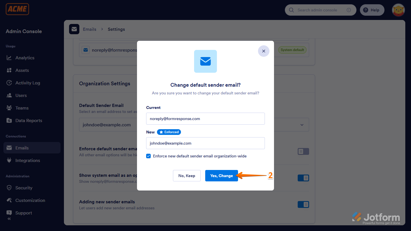 Change Default Sender Email confirmation window in the Emails section of the Admin Console in the Jotform Enterprise Server