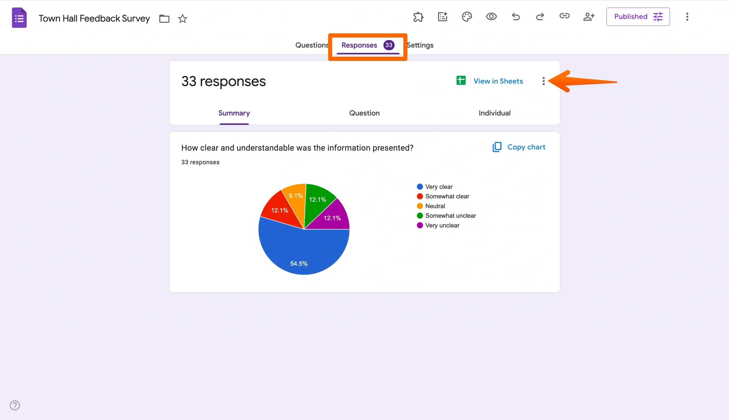 Google Forms Responses tab with the three-dot menu highlighted