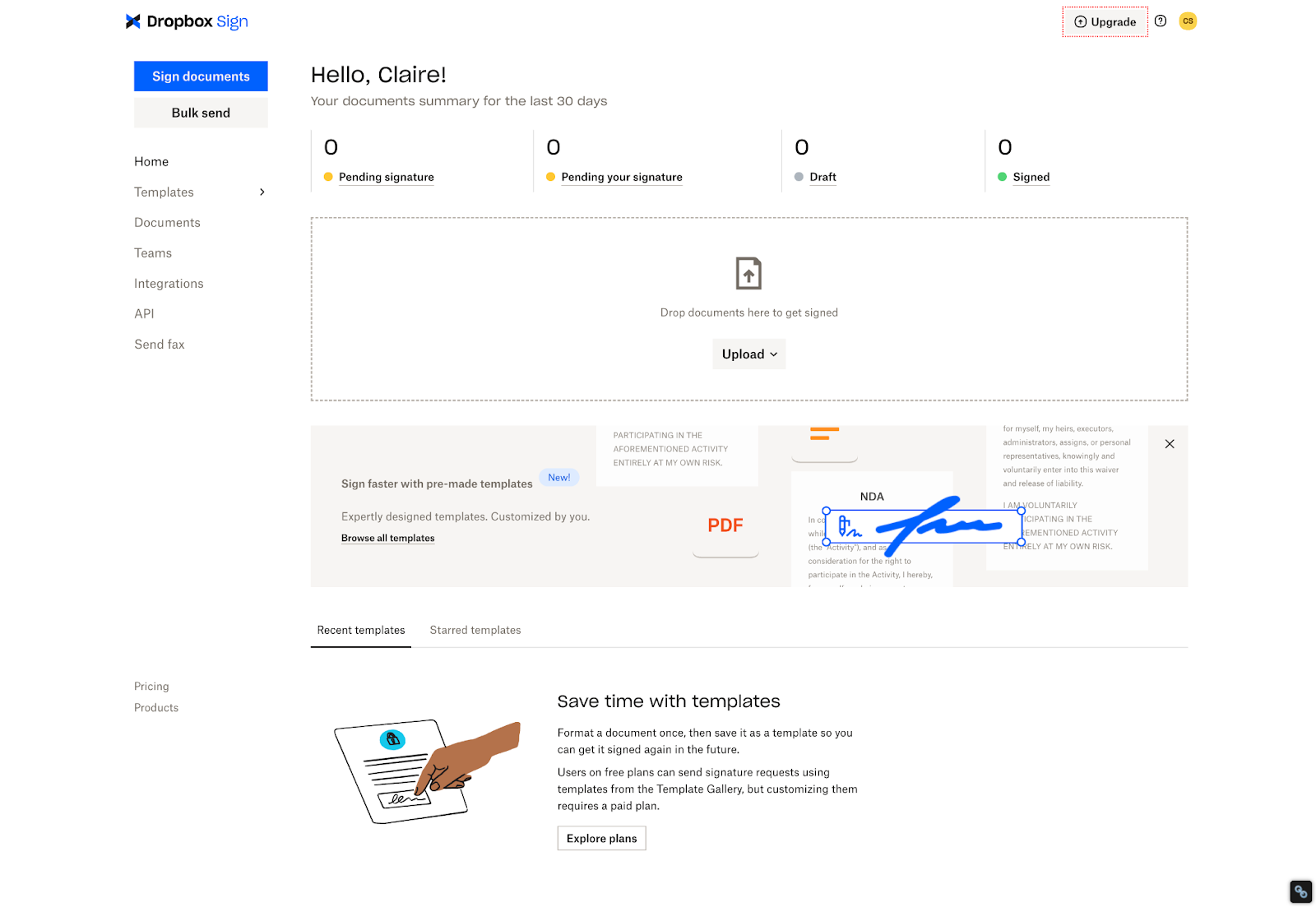 Screenshot of the Dropbox Sign user interface, featuring a user's documents summary for the last 30 days