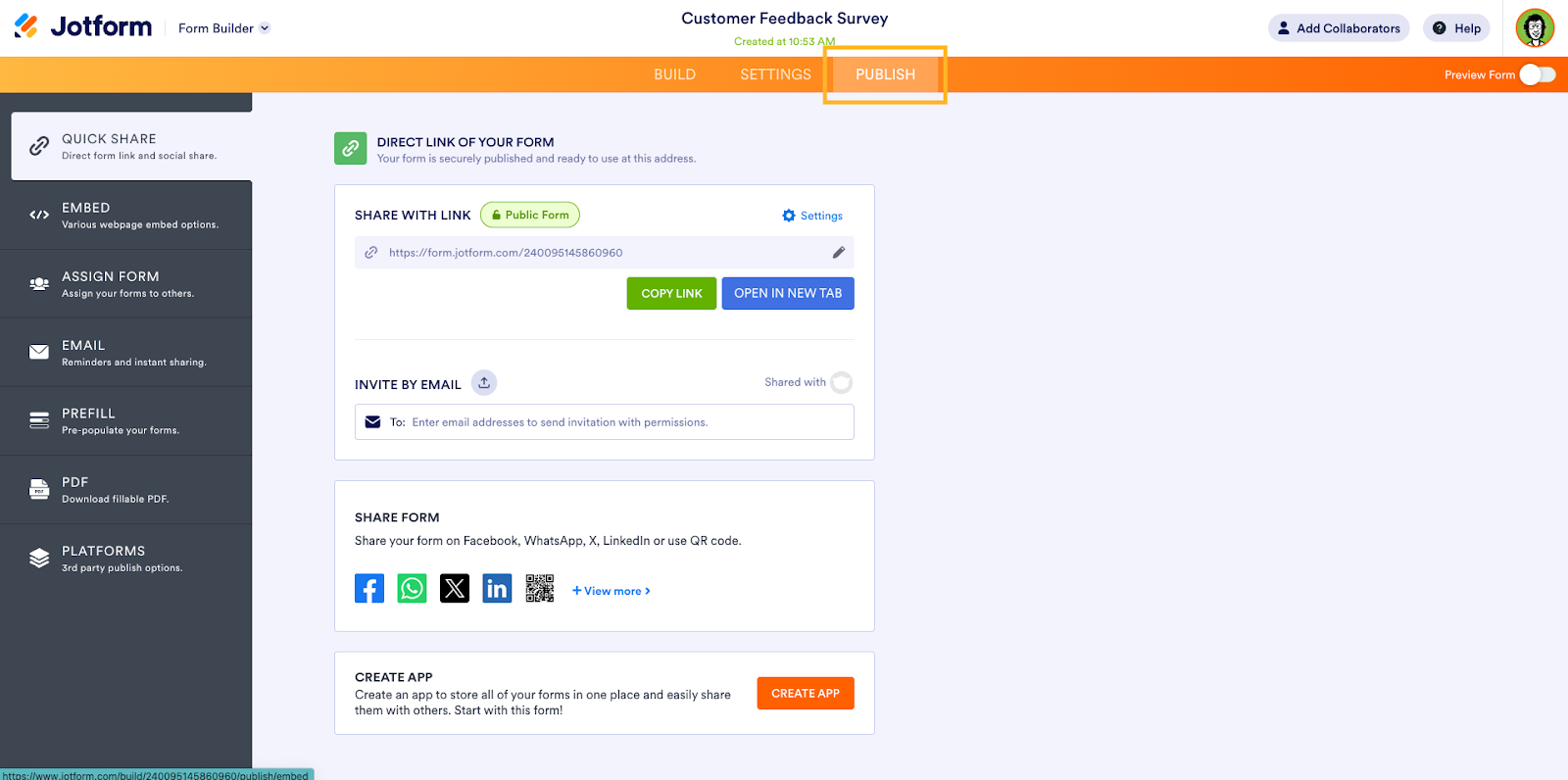 Screenshot of the Jotform Form Builder with the Publish tab highlighted