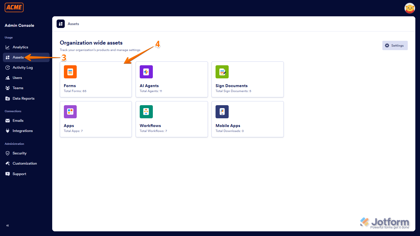 Assets tab and Forms option in Organization Assets of Jotform Workspace Enterprise