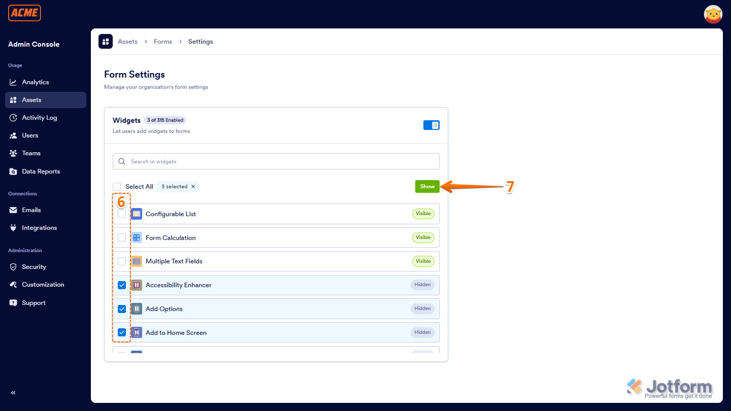 Checking or Unchecking Widgets option to show in the Widgets tab in Workspace in Jotform Enterprise
