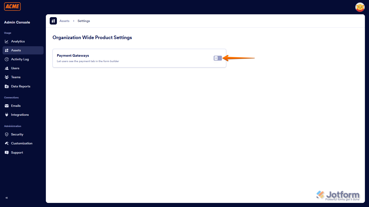 Toggle Off of Payment Gateways in Jotform Enteprise