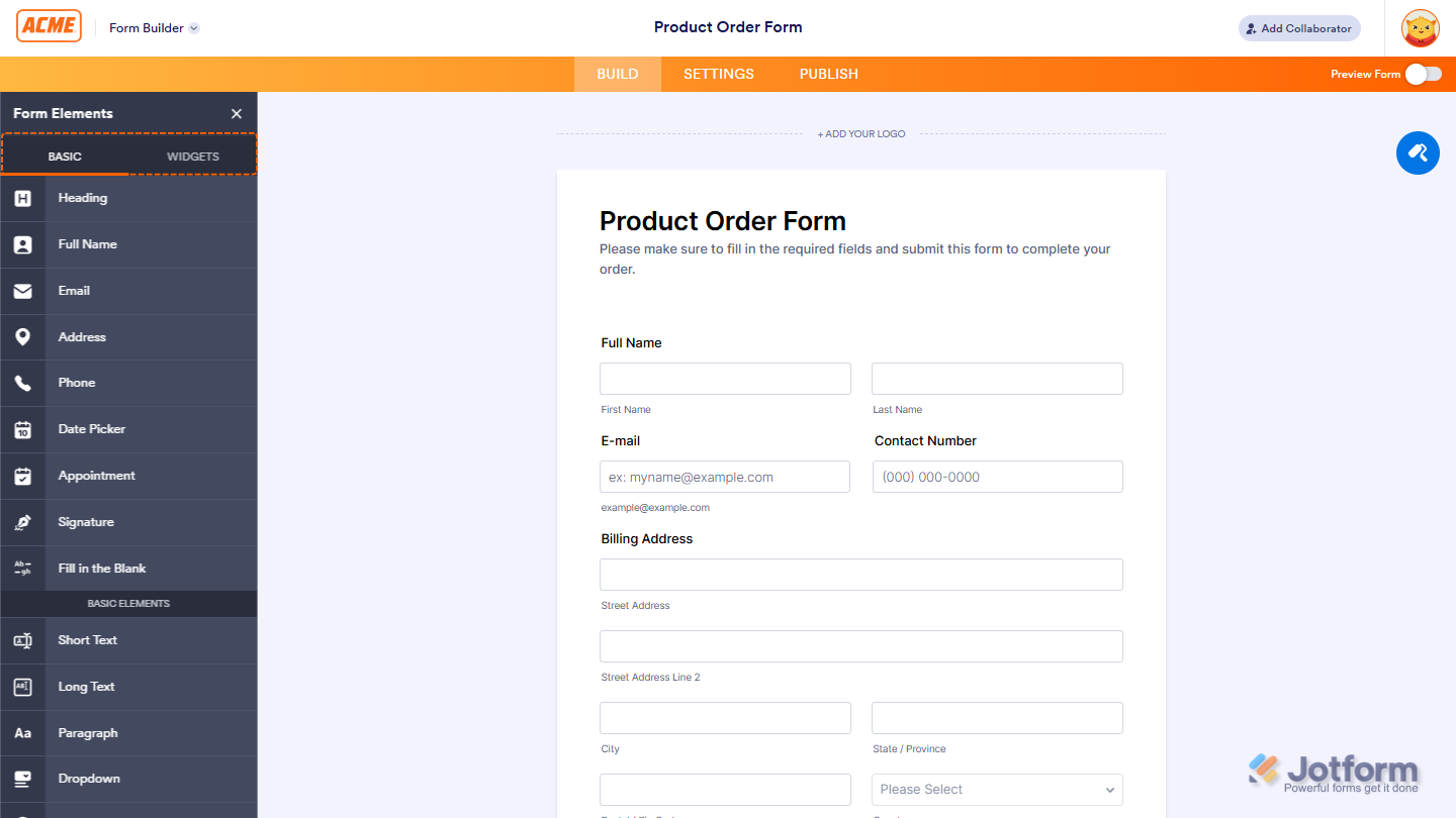 Form Elements Menu with the Payment Gateways completely hidden in Form Builder of Jotform Workspace Enterpise