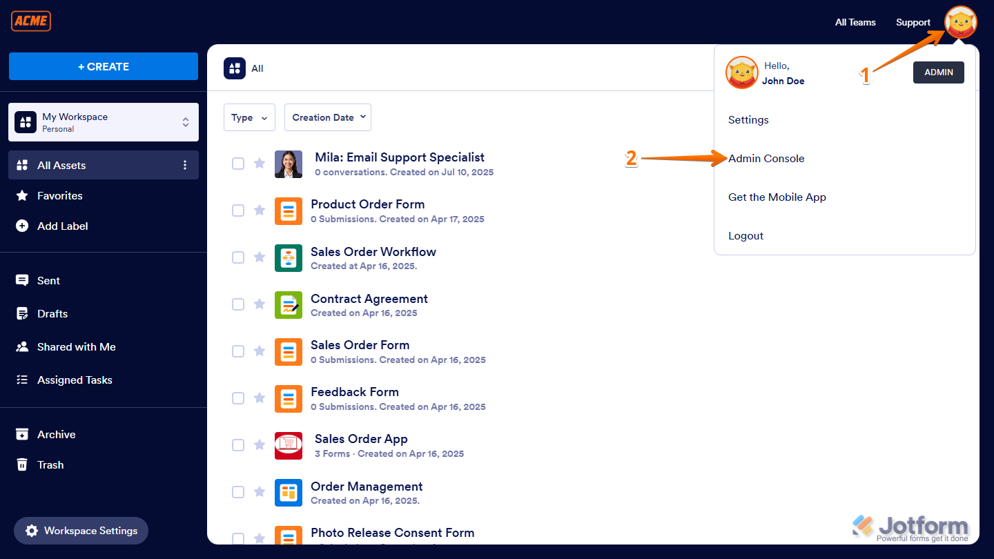Profile Picture icon and Admin Console option in Workspace Jotform Enteprise