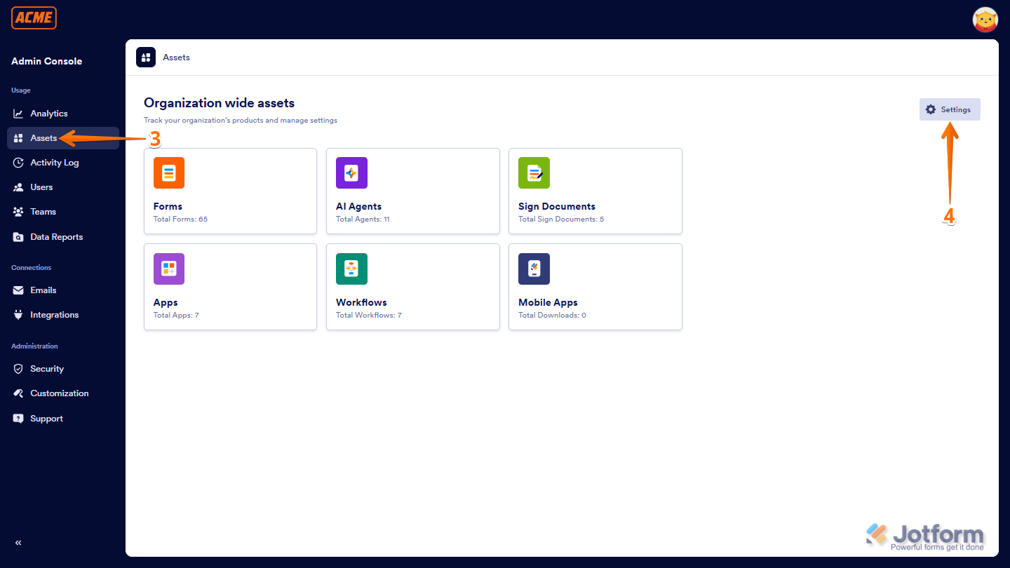 Assets tab and Settings button in Admin Console in Jotform Enterprise