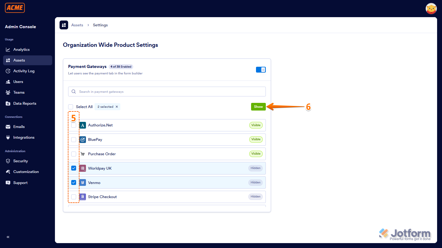 Payment Gateways options and Show button in Jotform Workspace Enterprise