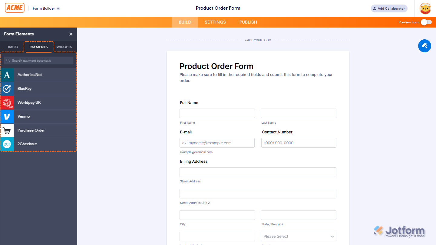 Payments tab in Jotform Enterprise Builder