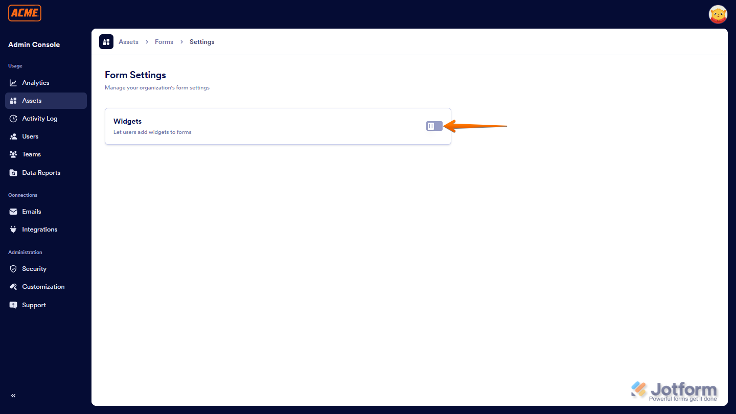 Toggle off the Widgets option in Jotform Workspace in Enterprise