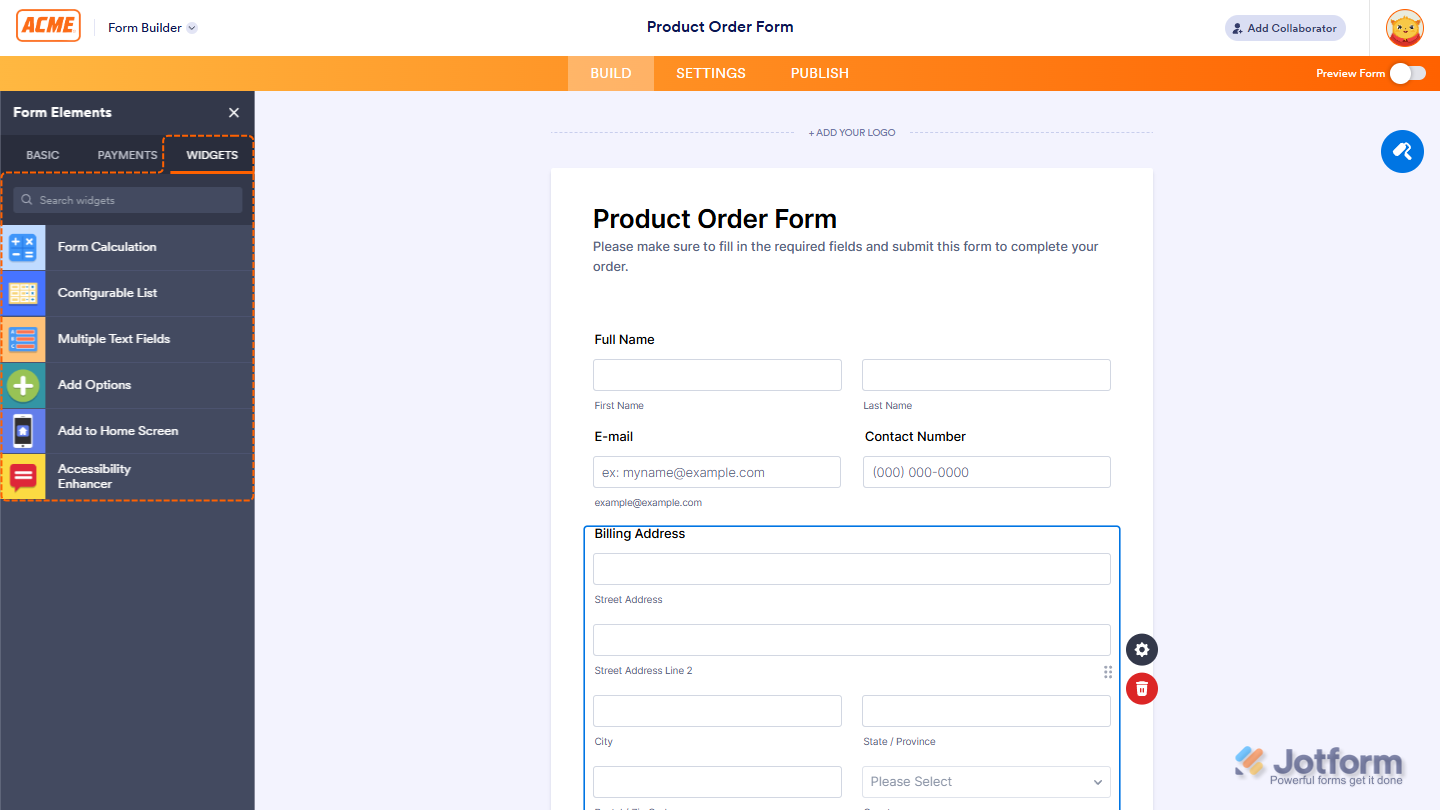 Widgets tab in Form Builder in Jotform Workspace in Enterprise