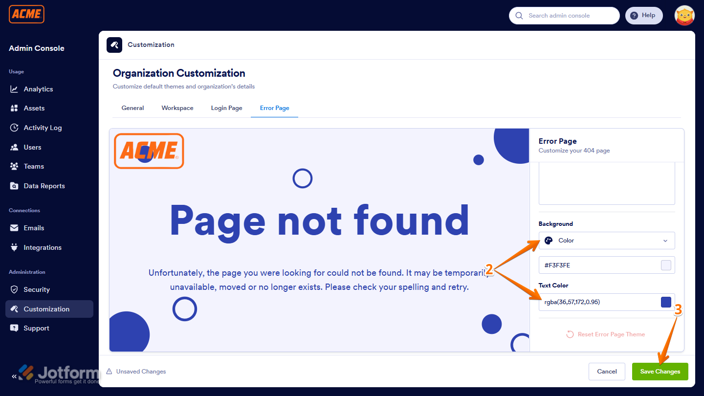 Error Page customization settings in Jotform Enterprise showing options for background, text color, and Save Changes button
