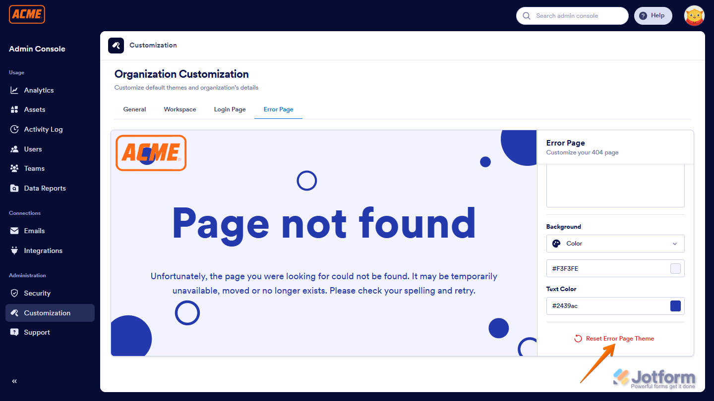 Option to reset Jotform Enterprise error page to default theme in Jotform