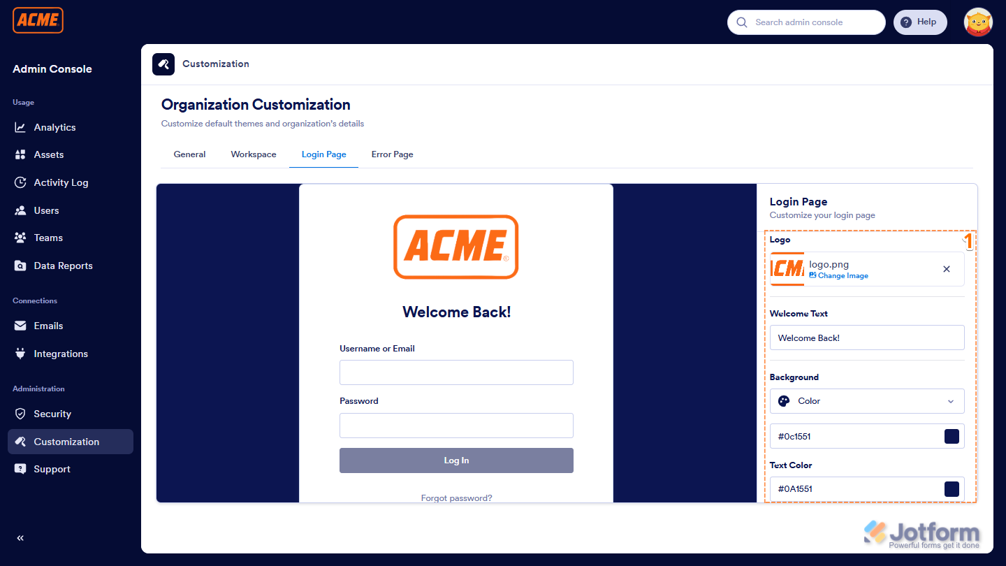 Jotform Admin Console Login Page tab showing options to customize the login page with Logo, Welcome Text, Background, and Text Color