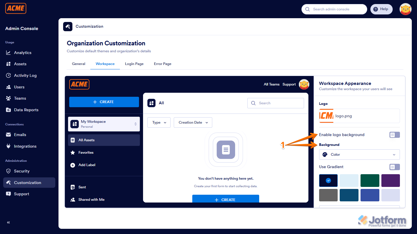 Jotform Admin Console Workspace tab showing options to enable logo background, set background color or image, customize Create button color and text, and enforce default appearance