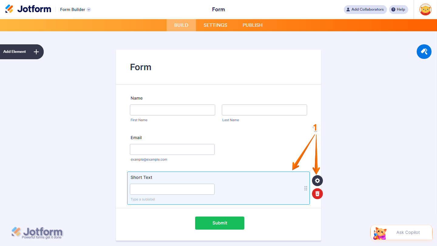 Form Builder showing selected Short Text field with Gear icon in Jotform