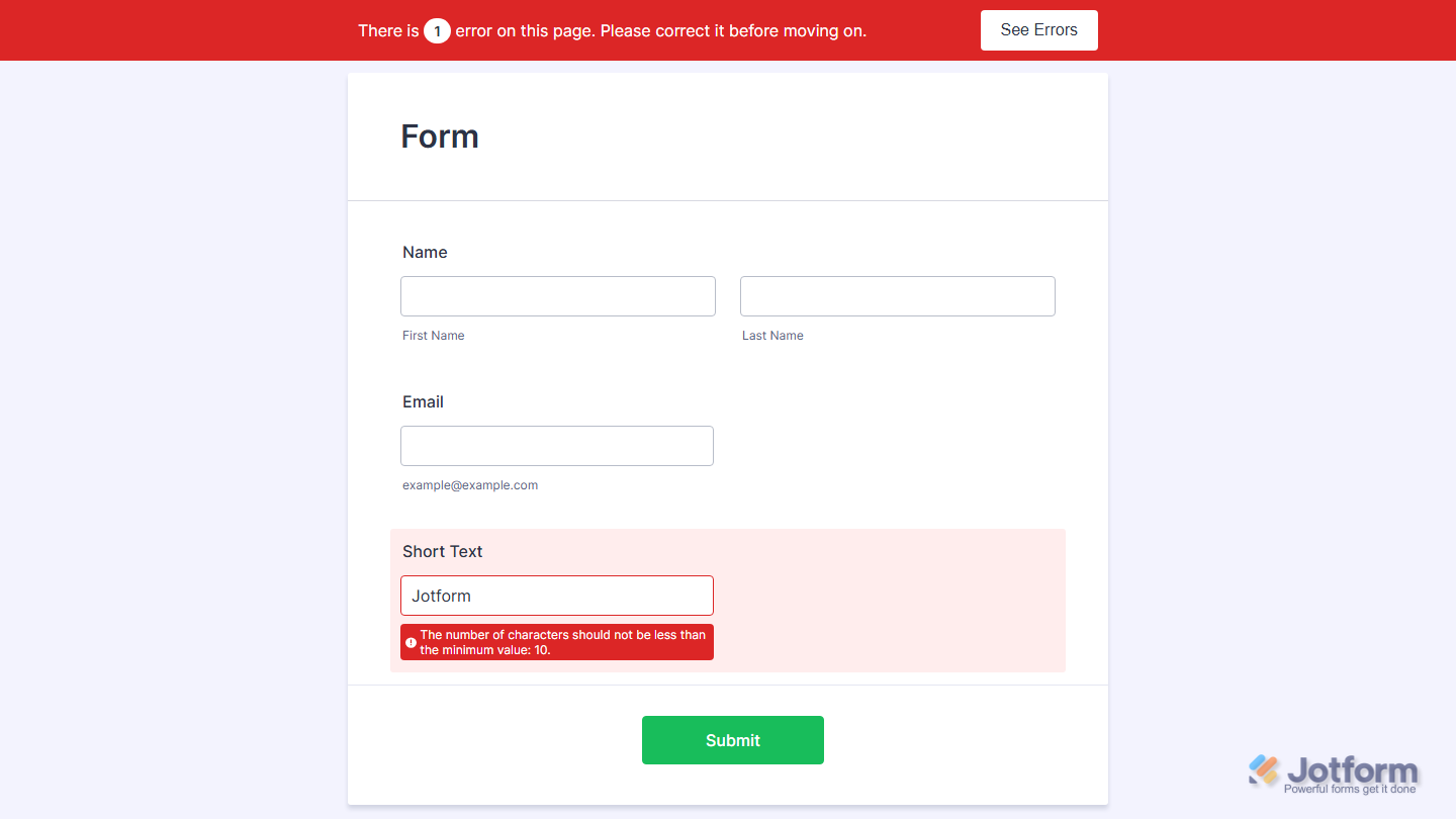 Live form showing minimum character limit validation error message in Jotform
