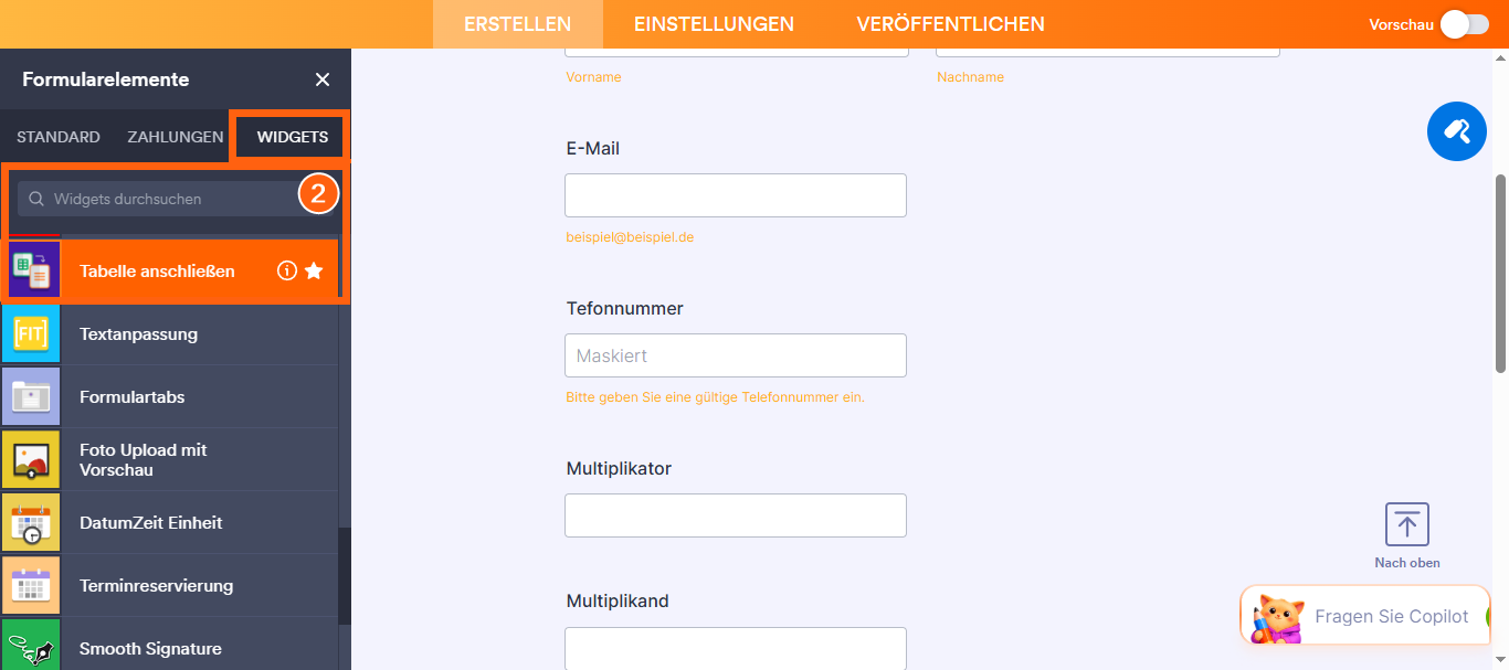 Wie Sie das Widget Tabelle in Formular verwenden Image-2