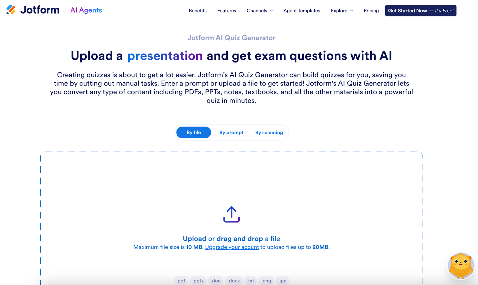 Jotform AI Quiz Generator Tool Landing Page