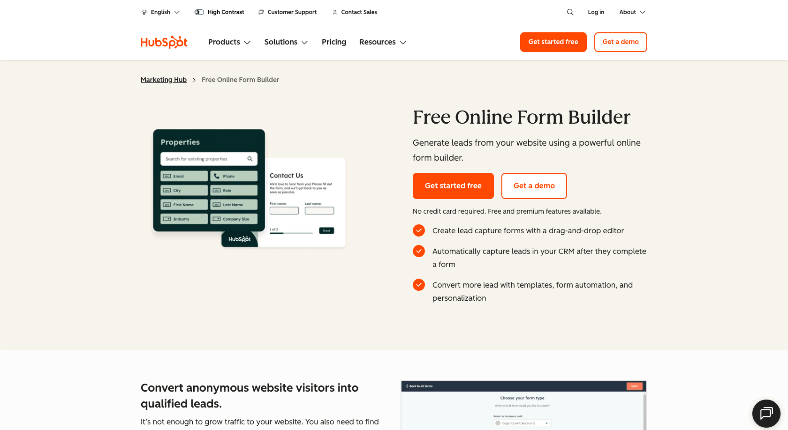 HubSpot Free Online Form Builder Landing Page