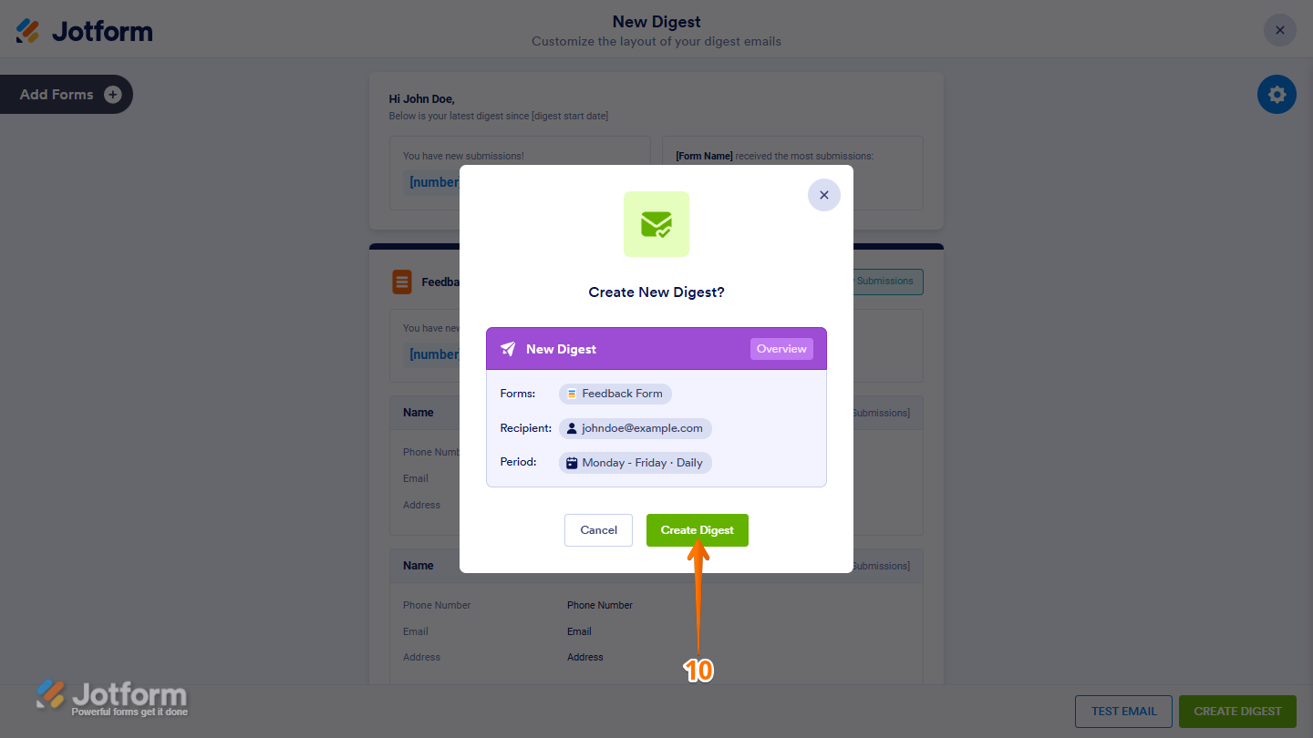 Confirmation window in Jotform for creating a Digest Email, showing the Create Digest button to finalize the setup