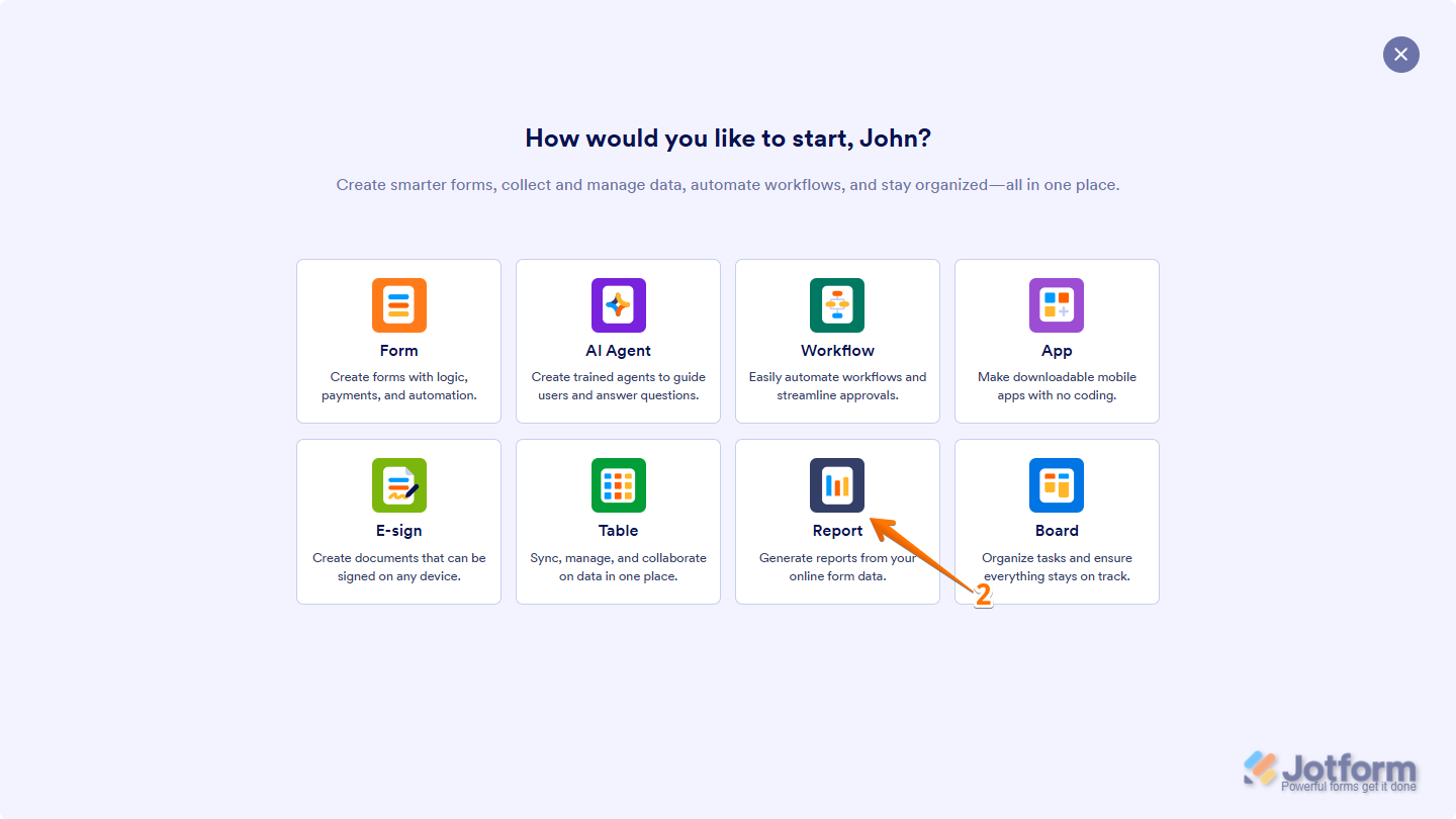 Popup window in Jotform Workspace showing the option to select “Report” for creating a Digest Email