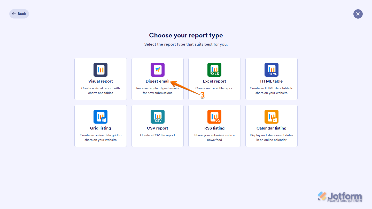 Option to select “Digest Email” in the Jotform Report creation window