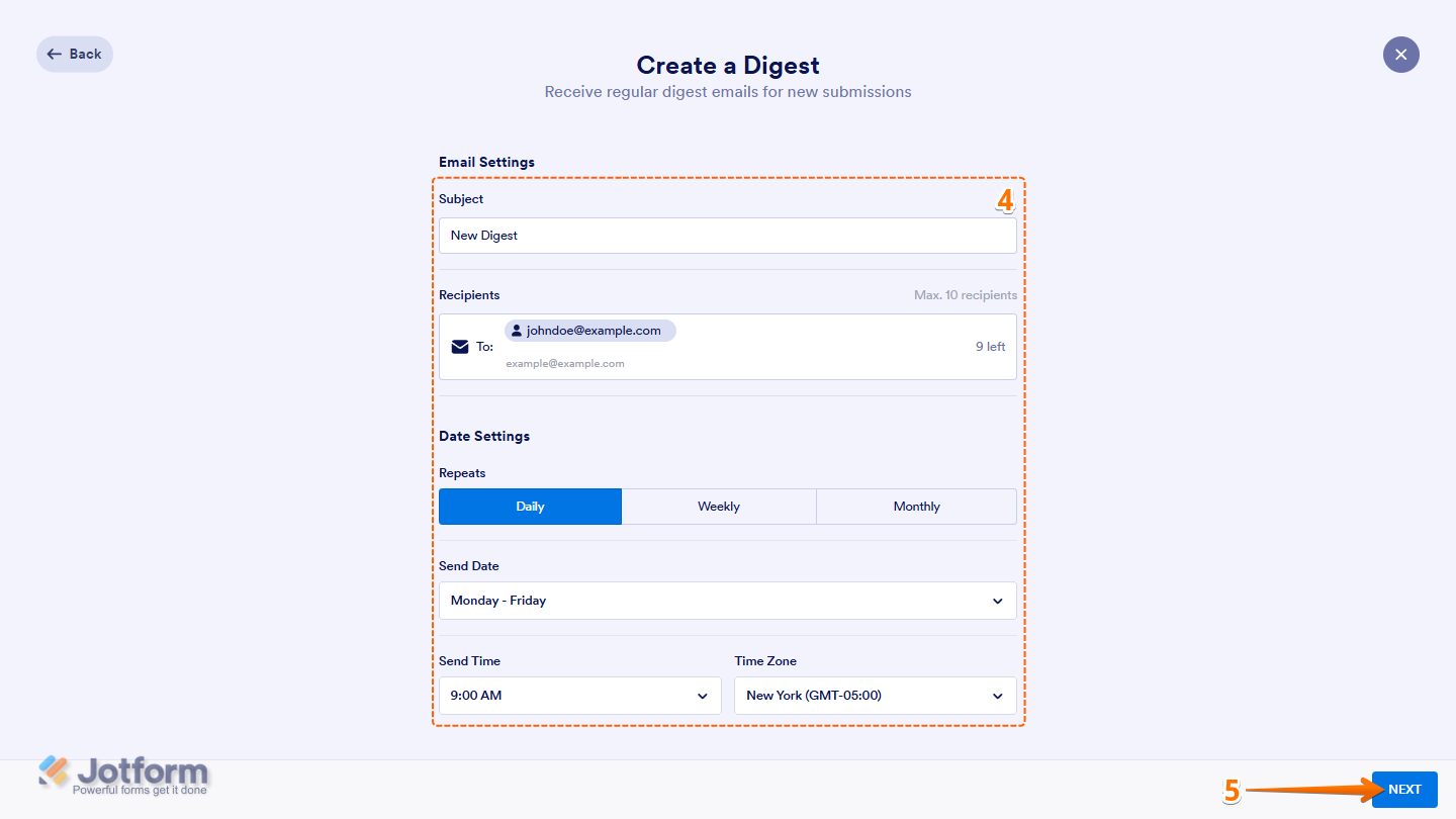 Jotform Report creation window showing the setup options for a Digest Email, including Subject, Recipients, Repeats, Send Date, Send Time, and Time Zone
