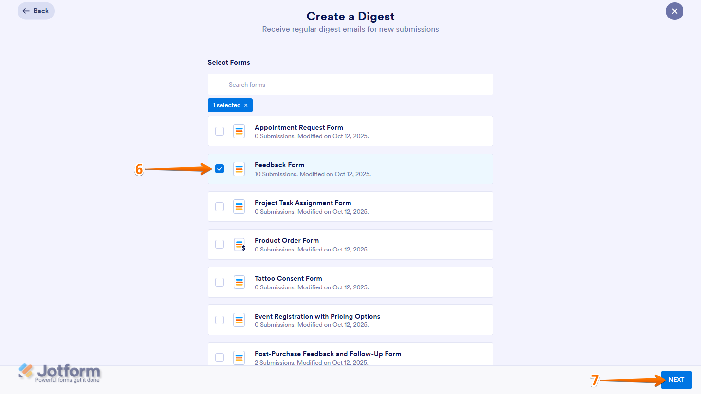 Selection of a form (e