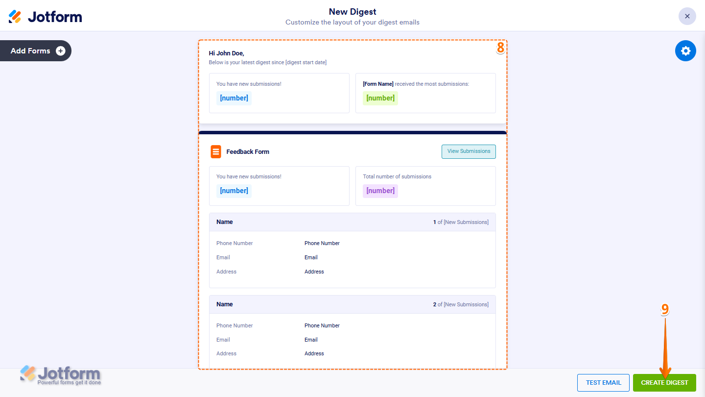 Digest Email content setup screen in Jotform, showing options to personalize the email with a Create Digest button in the bottom-right corner