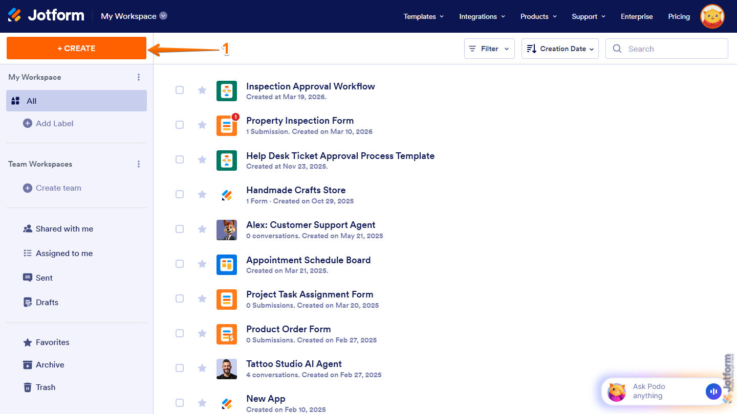 Workspace page in Jotform with the Create button highlighted at the top-left corner for creating Digest Emails