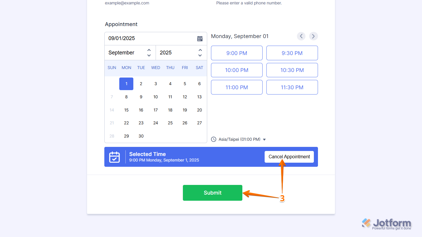 Rescheduling an appointment by selecting a new date or time and clicking Submit in Jotform