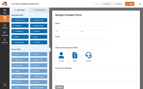 WPForms user interface showing an example contact form and a range of field options
