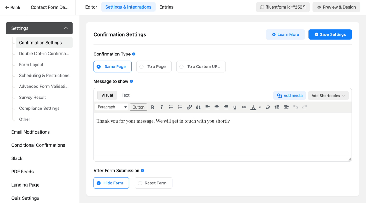 Fluent Forms user interface showing confirmation settings