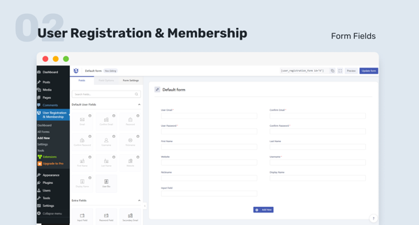 User Registration & Membership user interface showing a form and various field options