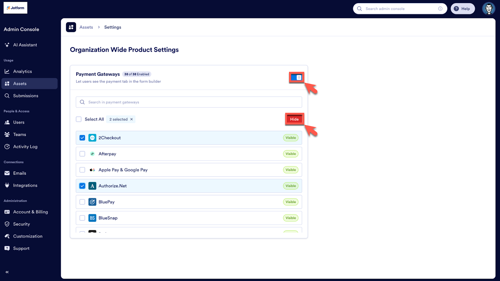 Toggling on the Payment Gateways option and clicking on the Hide button